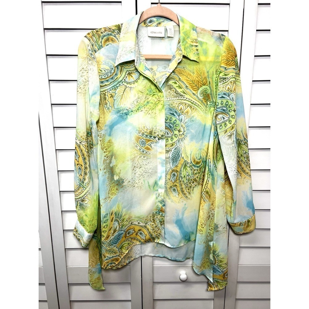 Chico's Paisley Long Sleeve Semi-Sheer Shark Bite Hem Button Down Top 0 Small